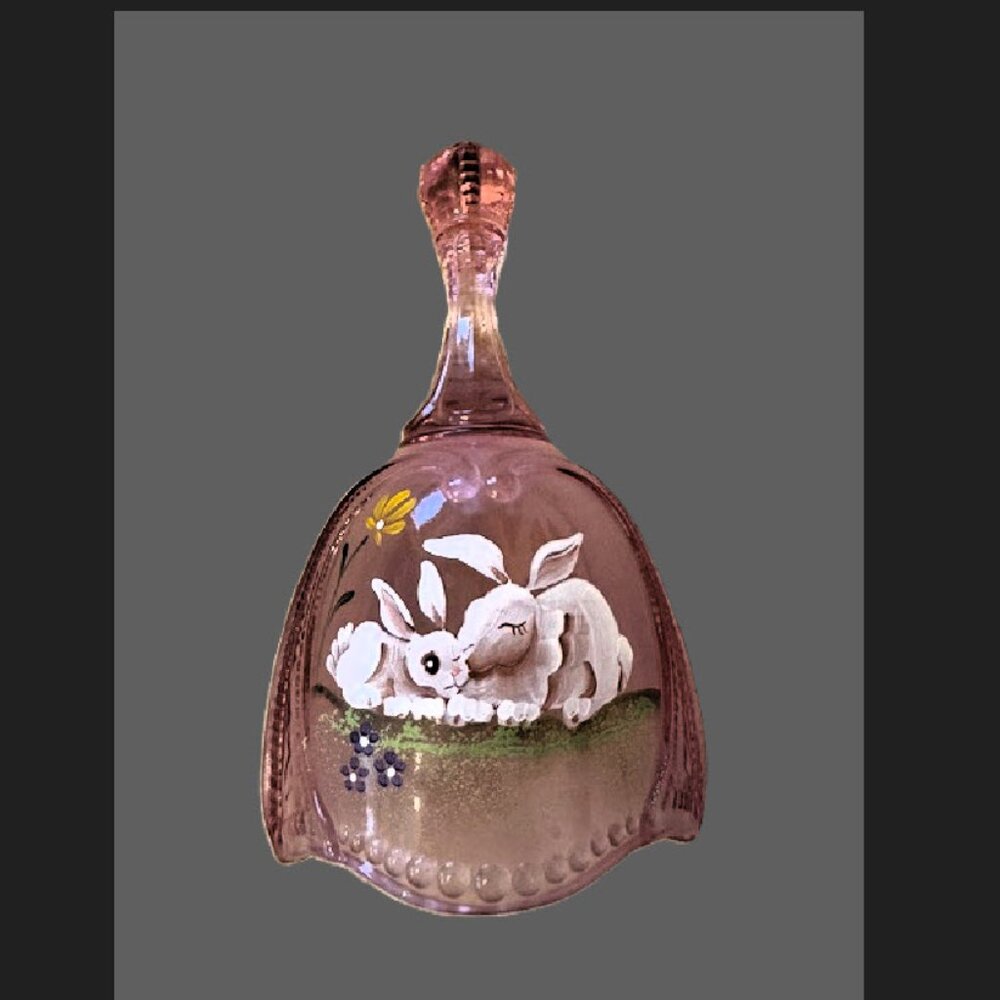 Pink Art Glass Bell With Rabbits Hand Painted & Flowers Numbered